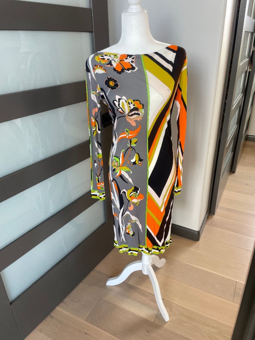 Emilio Pucci Split Floral and Geometric Pattern Long Sleeve Jersey Midi Dress
